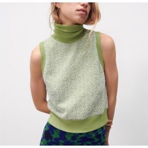Zara NWOT Green Faux Fur Jacquard Sleeveless Top size medium